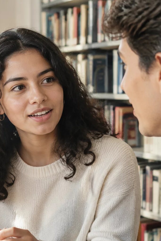 Duas participantes de pé conversando no corredor entre prateleiras de livros
